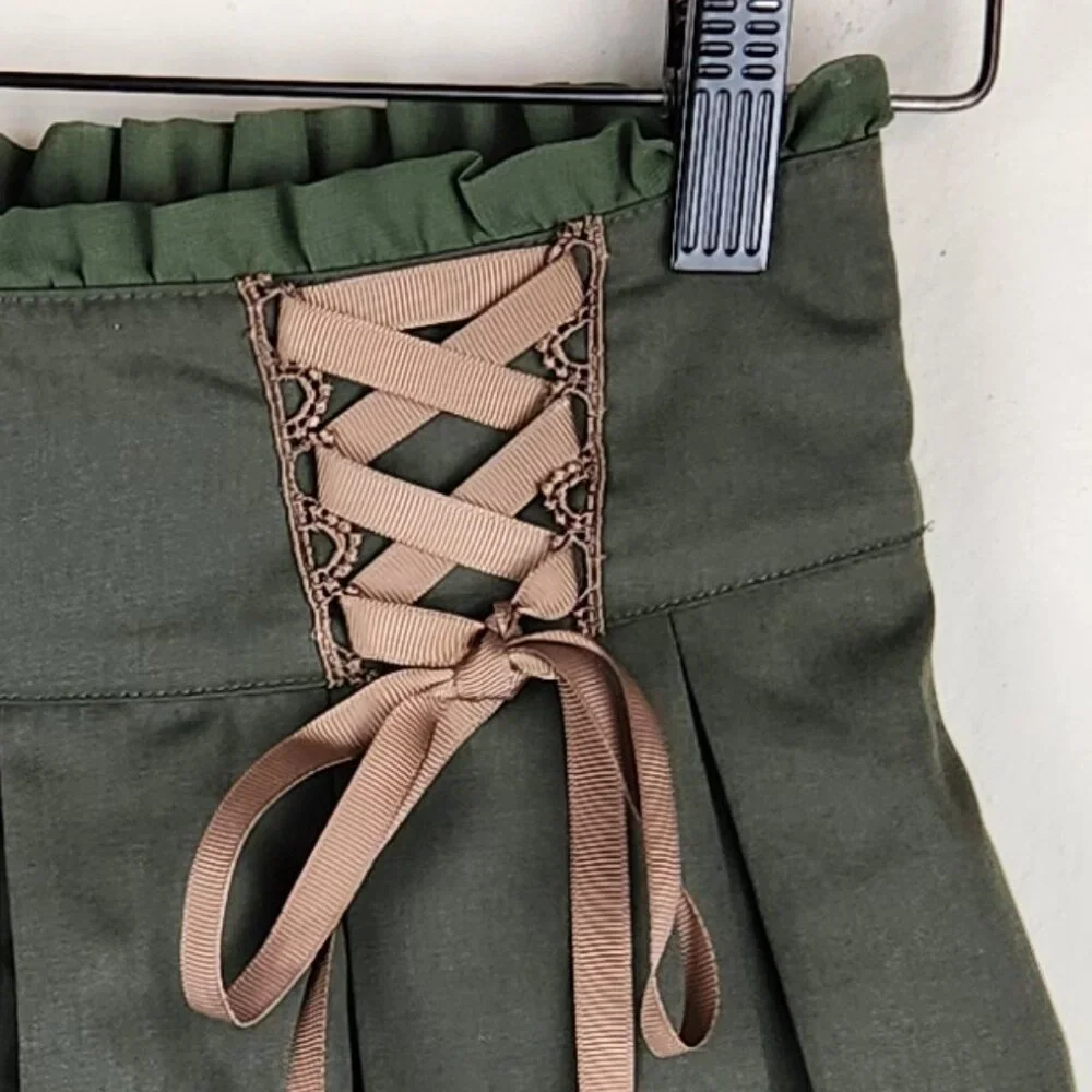 Axes Femme Japan Mori Kei Dark Academia Green Lace-up Pleated Shorts sz M - Picture 5 of 9